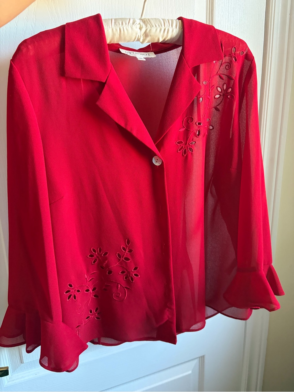 Vintage 80s Red Ruffled Embroidered Sheer Button-Up Too